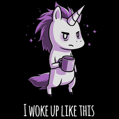 Premium Cotton T-shirt_TeeTurtle black Morning Unicorn. Featuring a disheveled unicorn holding a coffee cup.