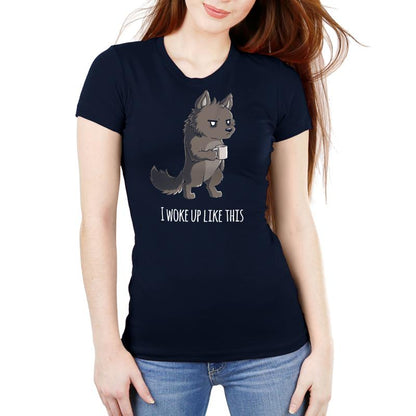 Premium Cotton T-shirt_TeeTurtle navy blue I Woke Up Like This. Featuring a grumpy werewolf holding a cup of coffee.