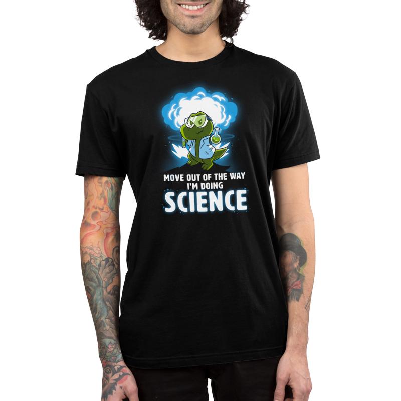 Premium Cotton T-shirt_TeeTurtle black I'm Doing SCIENCE. Featuring a t-rex in a lab coat and safety glasses holding a beaker and explosion in the background.