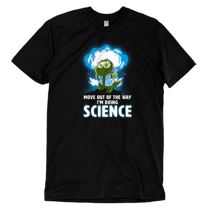 Premium Cotton T-shirt_TeeTurtle black I'm Doing SCIENCE. Featuring a t-rex in a lab coat and safety glasses holding a beaker and explosion in the background.