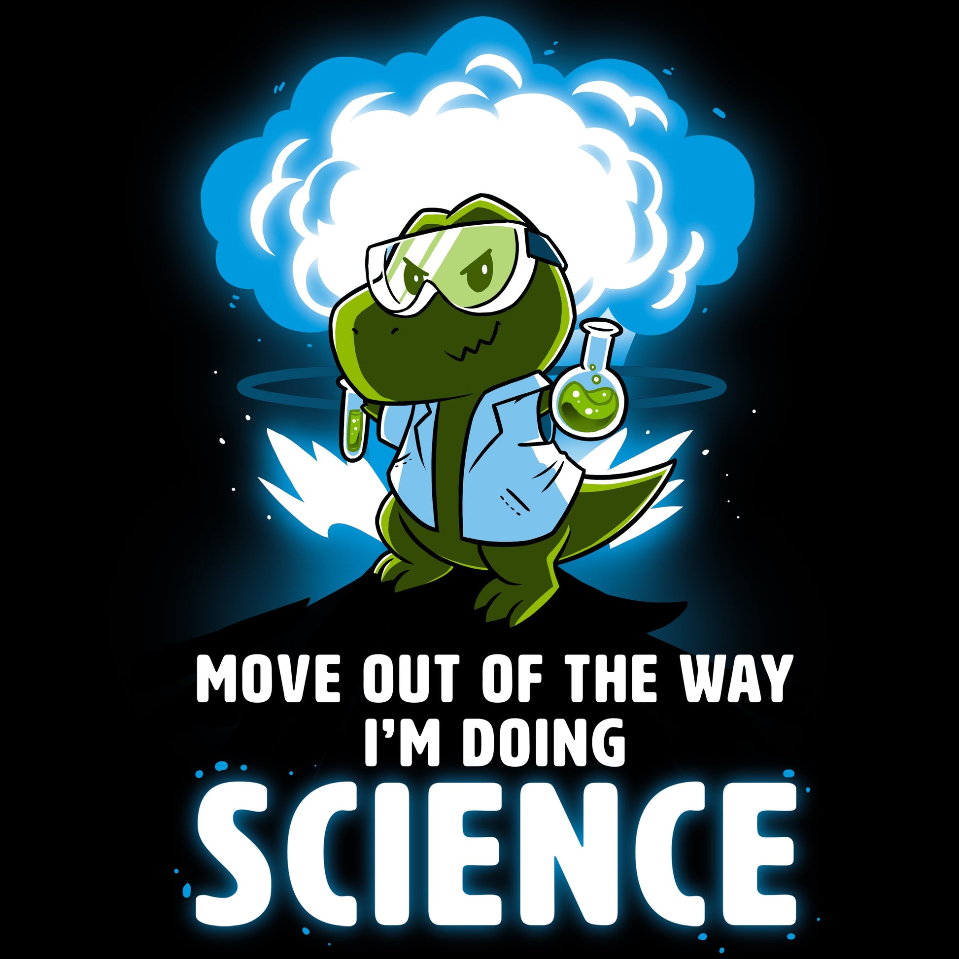 Premium Cotton T-shirt_TeeTurtle black I'm Doing SCIENCE. Featuring a t-rex in a lab coat and safety glasses holding a beaker and explosion in the background.