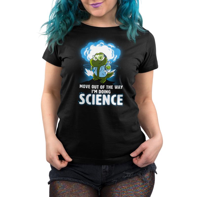 Premium Cotton T-shirt_TeeTurtle black I'm Doing SCIENCE. Featuring a t-rex in a lab coat and safety glasses holding a beaker and explosion in the background.