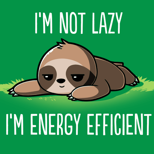 Premium Cotton T-shirt_TeeTurtle I'm Energy Efficient apple t-shirt featuring a sleepy sloth lying on the ground.