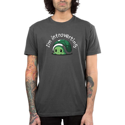 Premium Cotton T-shirt_TeeTurtle charcoal gray I'm Introverting. Featuring an introverted turtle hiding in its shell.