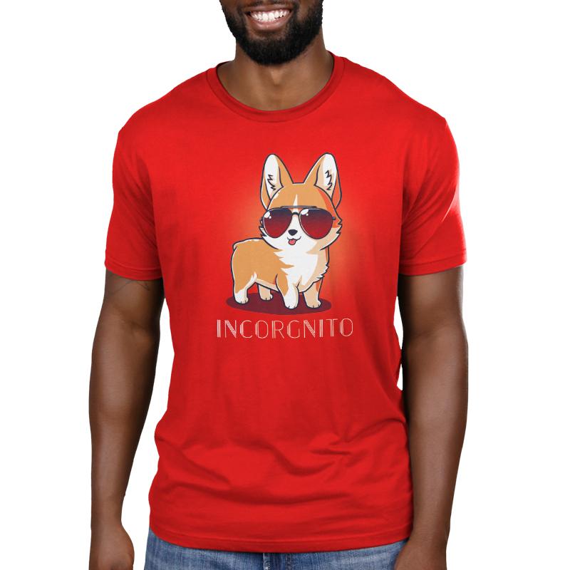 Premium Cotton T-shirt_TeeTurtle Incorgnito red t-shirt featuring a cute corgi dog wearing aviator sunglasses with a pun underneath.