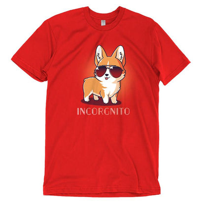 Premium Cotton T-shirt_TeeTurtle Incorgnito red t-shirt featuring a cute corgi dog wearing aviator sunglasses with a pun underneath.