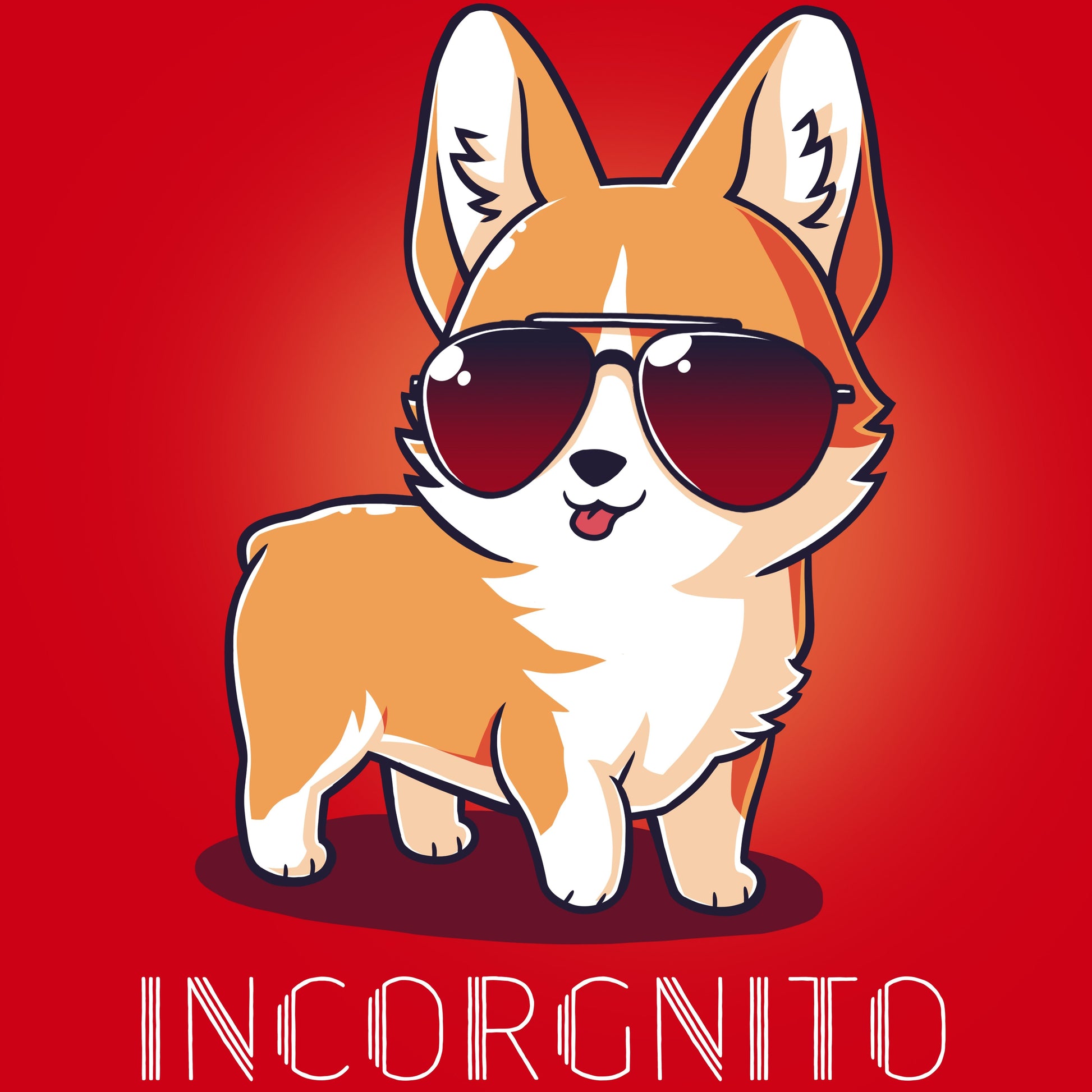 Premium Cotton T-shirt_TeeTurtle Incorgnito red t-shirt featuring a cute corgi dog wearing aviator sunglasses with a pun underneath.