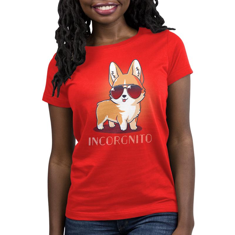 Premium Cotton T-shirt_TeeTurtle Incorgnito red t-shirt featuring a cute corgi dog wearing aviator sunglasses with a pun underneath.