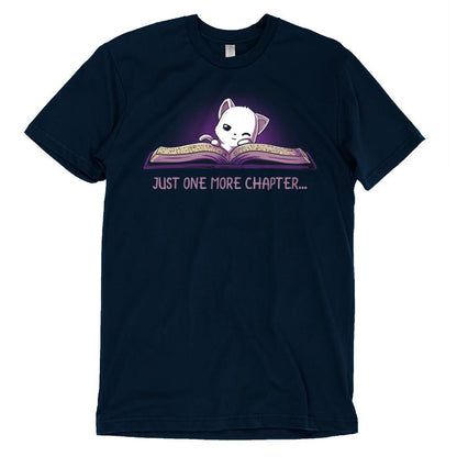 Premium Cotton T-shirt_TeeTurtle navy blue Just One More Chapter. Featuring a sleepy white cat reading a book.