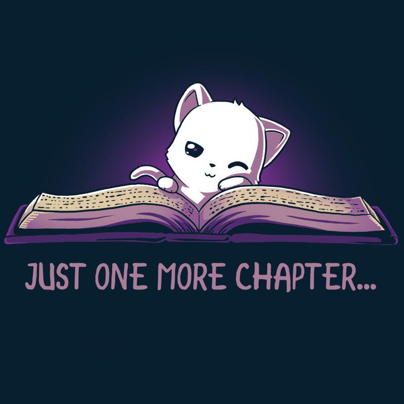 Premium Cotton T-shirt_TeeTurtle navy blue Just One More Chapter. Featuring a sleepy white cat reading a book.