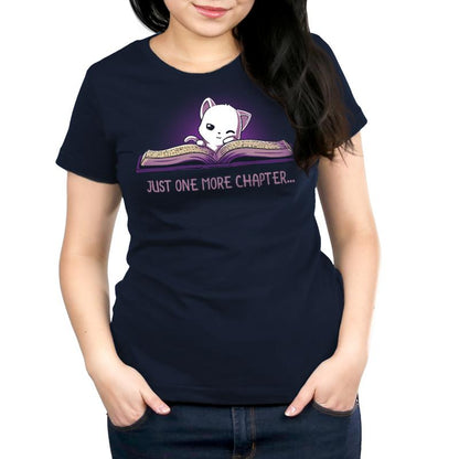 Premium Cotton T-shirt_TeeTurtle navy blue Just One More Chapter. Featuring a sleepy white cat reading a book.