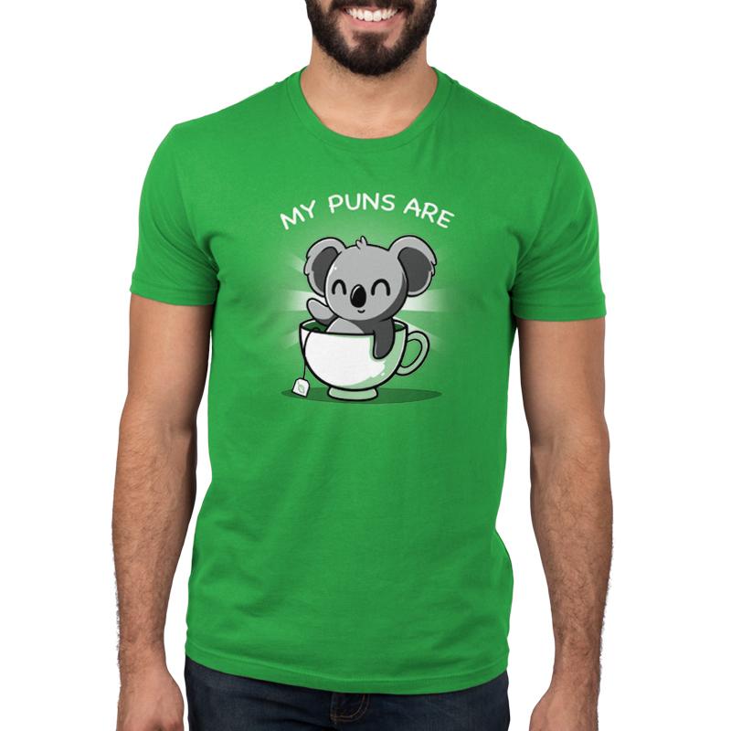 Premium Cotton T-shirt_TeeTurtle Koala Tea Puns apple t-shirt featuring a koala sitting in a tea cup with a pun below it.