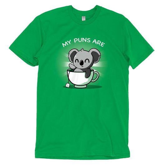 Premium Cotton T-shirt_TeeTurtle Koala Tea Puns apple t-shirt featuring a koala sitting in a tea cup with a pun below it.