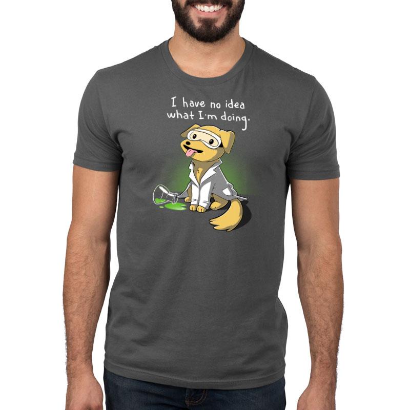 Premium Cotton T-shirt_TeeTurtle charcoal gray Lab Experiment. Featuring a golden labrador retriever in a lab coat and safety glasses who has no idea what it's doing.