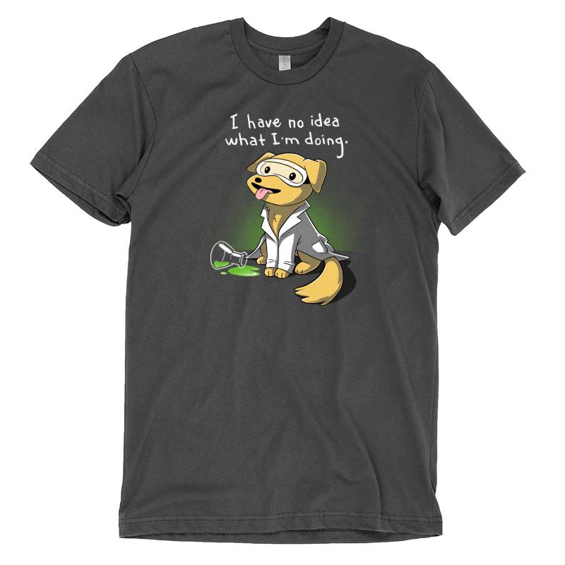 Premium Cotton T-shirt_TeeTurtle charcoal gray Lab Experiment. Featuring a golden labrador retriever in a lab coat and safety glasses who has no idea what it's doing.