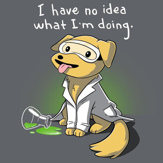 Premium Cotton T-shirt_TeeTurtle charcoal gray Lab Experiment. Featuring a golden labrador retriever in a lab coat and safety glasses who has no idea what it's doing.