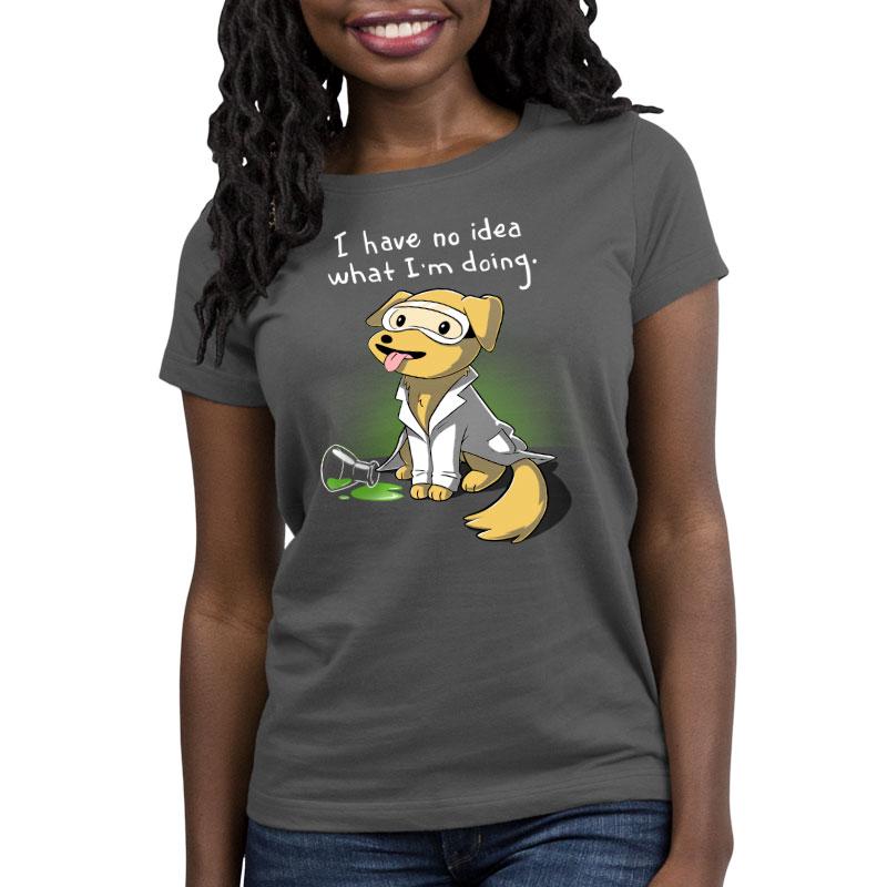 Premium Cotton T-shirt_TeeTurtle charcoal gray Lab Experiment. Featuring a golden labrador retriever in a lab coat and safety glasses who has no idea what it's doing.