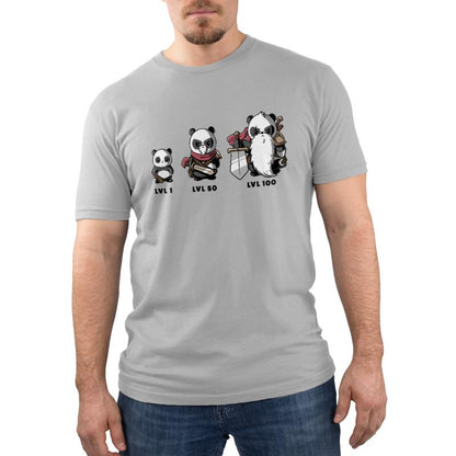 Premium Cotton T-shirt_TeeTurtle silver gray Level Up. Featuring a panda at different levels and getting more armor as it levels up.