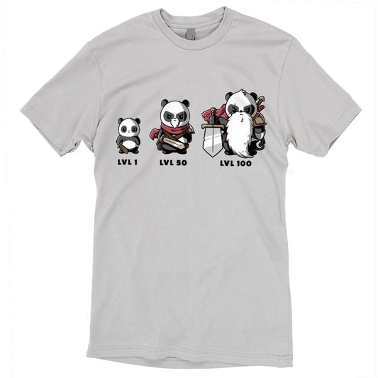 Premium Cotton T-shirt_TeeTurtle silver gray Level Up. Featuring a panda at different levels and getting more armor as it levels up.