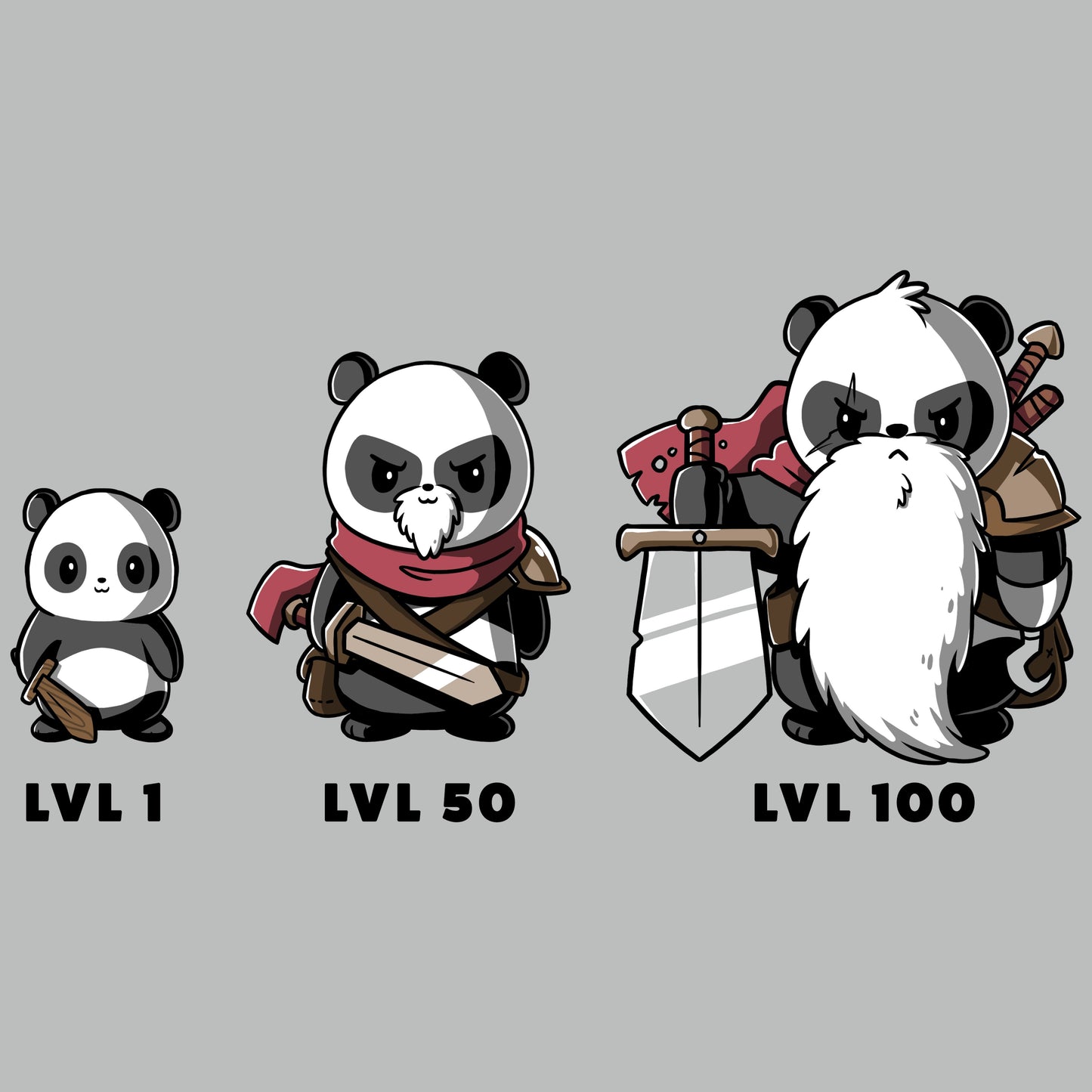 Premium Cotton T-shirt_TeeTurtle silver gray Level Up. Featuring a panda at different levels and getting more armor as it levels up.