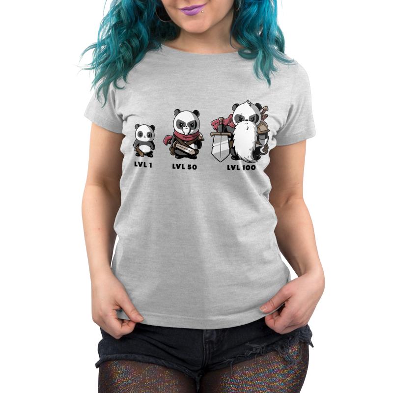 Premium Cotton T-shirt_TeeTurtle silver gray Level Up. Featuring a panda at different levels and getting more armor as it levels up.