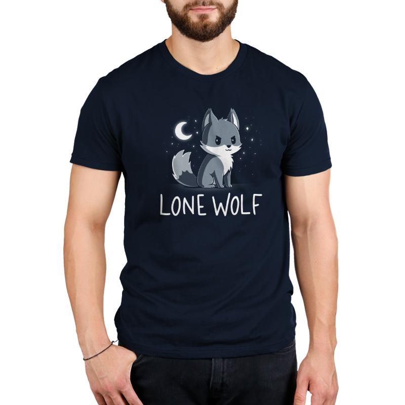 Premium Cotton T-shirt_TeeTurtle Lone Wolf navy blue t-shirt featuring a confident wolf in front of a starry night sky.