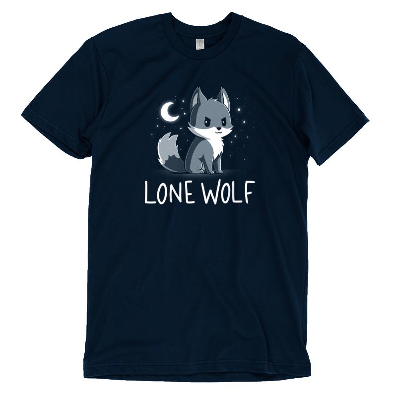 Premium Cotton T-shirt_TeeTurtle Lone Wolf navy blue t-shirt featuring a confident wolf in front of a starry night sky.