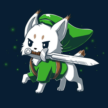 Premium Cotton T-shirt_TeeTurtle Lynx navy blue t-shirt featuring a determined white Lynx with a sword in its mouth dressed in a long green hat and matching green tunic in this fantasy video game design. 