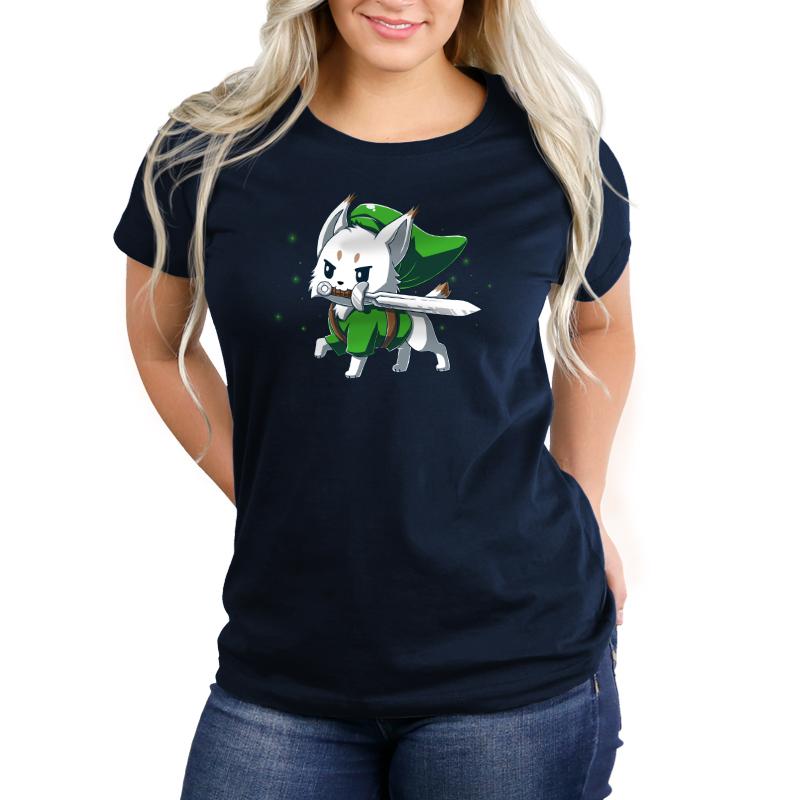 Premium Cotton T-shirt_TeeTurtle Lynx navy blue t-shirt featuring a determined white Lynx with a sword in its mouth dressed in a long green hat and matching green tunic in this fantasy video game design. 