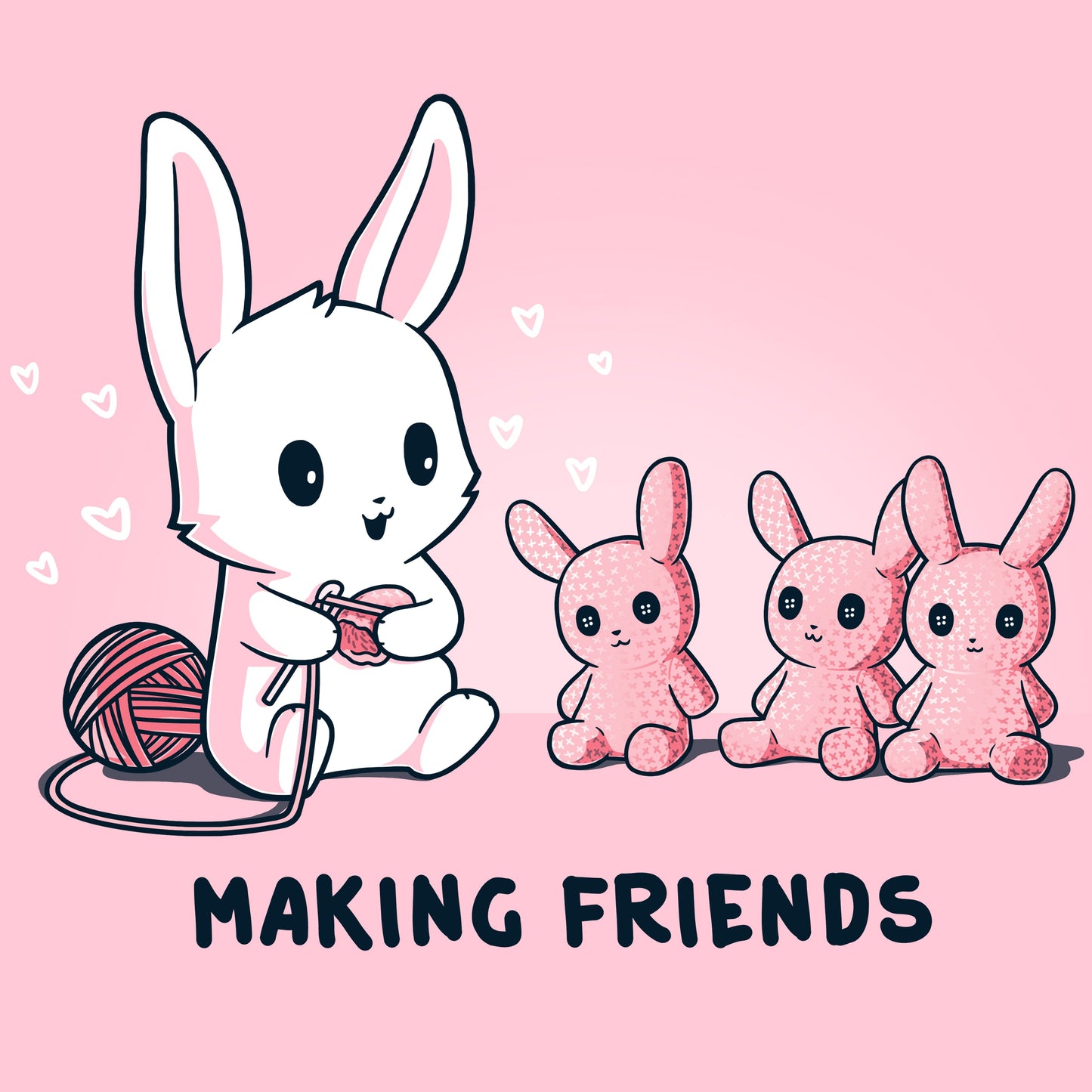 Premium Cotton T-shirt_Teeturtle Making Friends Pink t-shirt Featuring a white-furred bunny knitting bunny friends out of yarn.