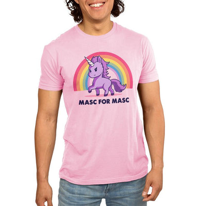 Premium Cotton T-shirt_TeeTurtle Masc for Masc pink t-shirt featuring a unicorn with a serious expression standing in front of a rainbow.