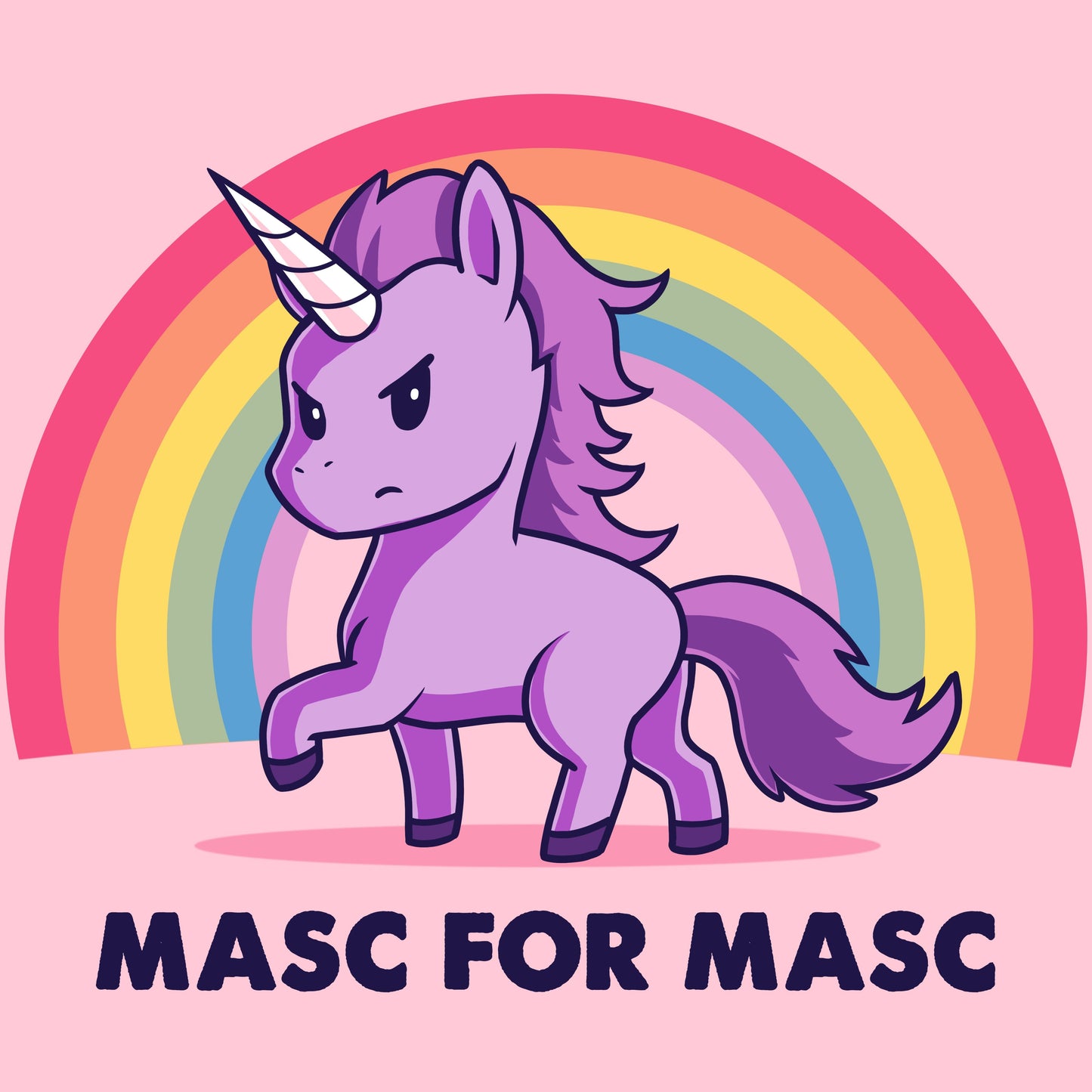 Premium Cotton T-shirt_TeeTurtle Masc for Masc pink t-shirt featuring a unicorn with a serious expression standing in front of a rainbow.