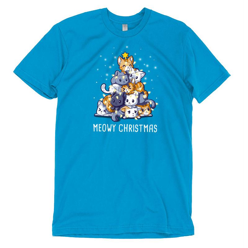 Premium Cotton T-shirt_TeeTurtle Meowy Christmas cobalt blue t-shirt featuring multiple cats stacked in the shape of a Christmas tree with a star on top, surrounded by glowing lights.