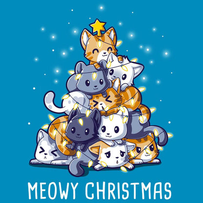 Premium Cotton T-shirt_TeeTurtle Meowy Christmas cobalt blue t-shirt featuring multiple cats stacked in the shape of a Christmas tree with a star on top, surrounded by glowing lights.