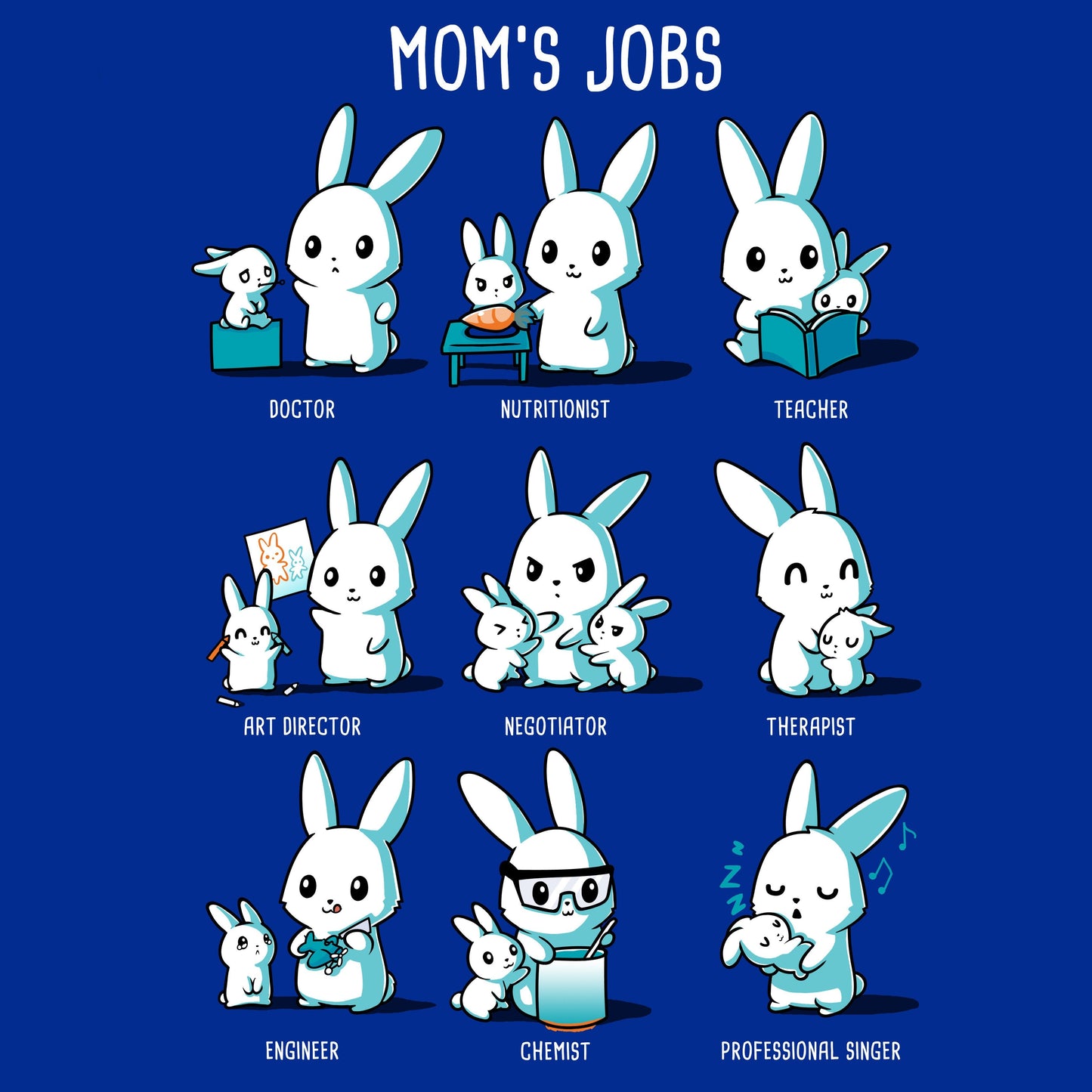 Premium Cotton T-shirt - A whimsical illustration of cartoon bunnies with different job titles - doctor, nutritionist, teacher, art director, negotiator, therapist, engineer, chemist, and professional singer - labeled "Mom's Jobs" adorns this Royal Blue apparelmade from super soft ringspun cotton from monsterdigital.