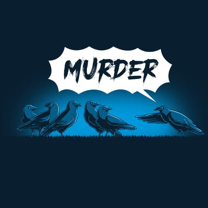 Premium Cotton T-shirt_TeeTurtle Murder of Crows navy blue t-shirt featuring a group of crows standing, as one crow points at the group and says "murder!"