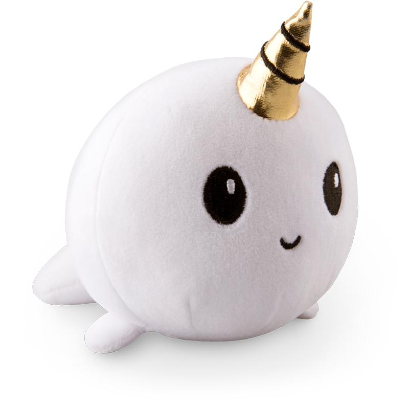 A cuddly white TeeTurtle Narwhal Plushie with soft gold horns.