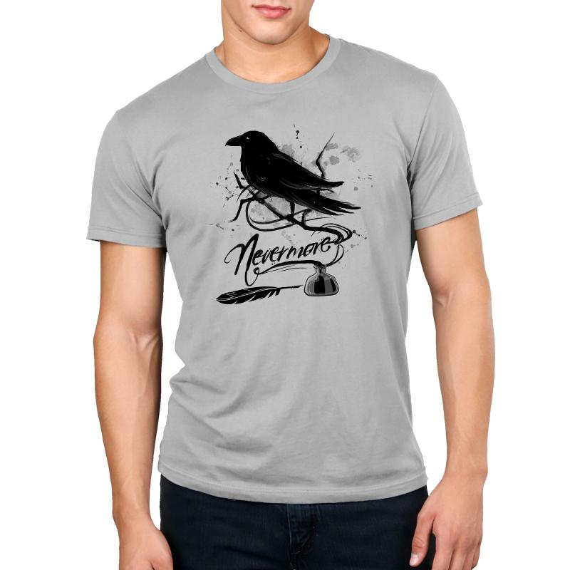 Premium Cotton T-shirt_TeeTurtle silver gray Nevermore. Featuring a raven perched on a branch coming out of an inkwell.