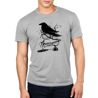 Premium Cotton T-shirt_TeeTurtle silver gray Nevermore. Featuring a raven perched on a branch coming out of an inkwell.