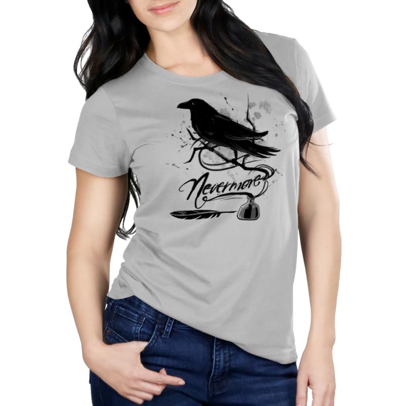 Premium Cotton T-shirt_TeeTurtle silver gray Nevermore. Featuring a raven perched on a branch coming out of an inkwell.