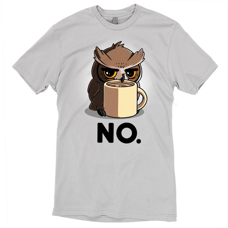 Premium Cotton T-shirt_TeeTurtle Night Owl silver gray t-shirt featuring a grumpy owl holding onto a mug of coffee.