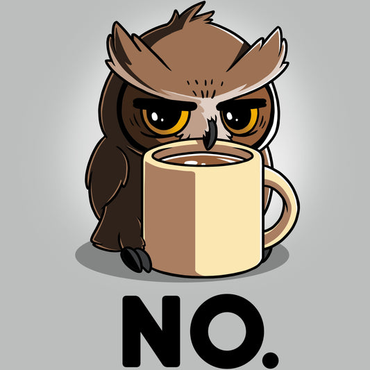 Premium Cotton T-shirt_TeeTurtle Night Owl silver gray t-shirt featuring a grumpy owl holding onto a mug of coffee.