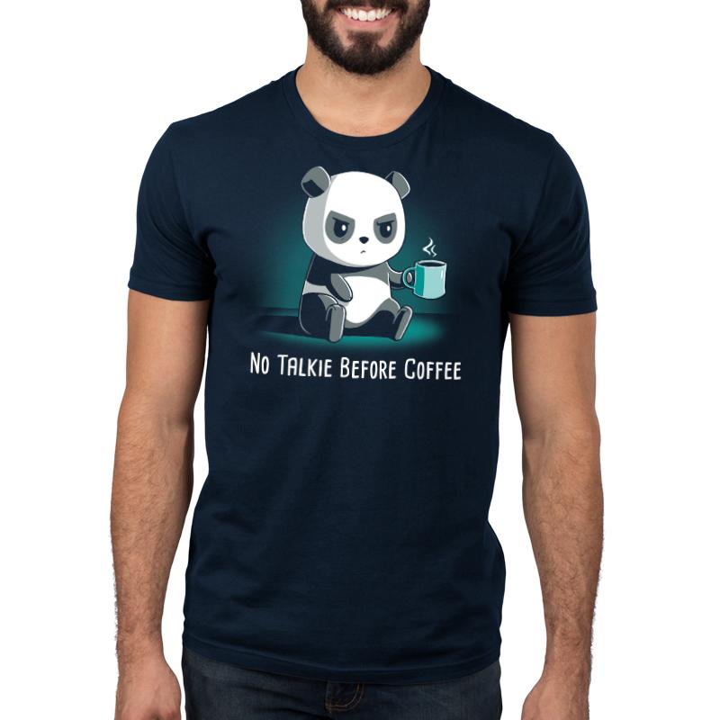 Premium Cotton T-shirt_TeeTurtle navy blue No Talkie Before Coffee. Featuring a grumpy panda holding a cup of coffee.