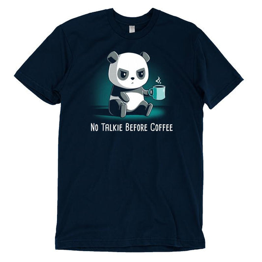 Premium Cotton T-shirt_TeeTurtle navy blue No Talkie Before Coffee. Featuring a grumpy panda holding a cup of coffee.