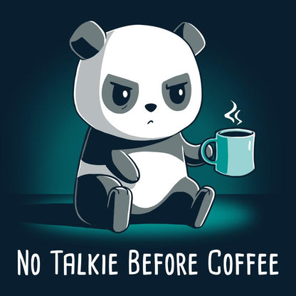 Premium Cotton T-shirt_TeeTurtle navy blue No Talkie Before Coffee. Featuring a grumpy panda holding a cup of coffee.