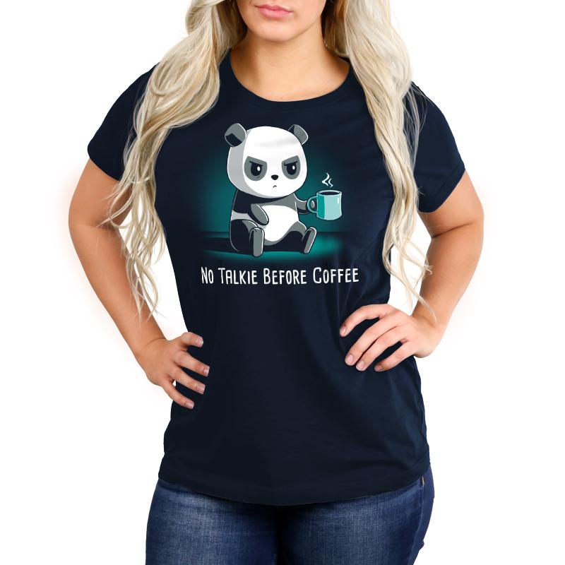 Premium Cotton T-shirt_TeeTurtle navy blue No Talkie Before Coffee. Featuring a grumpy panda holding a cup of coffee.