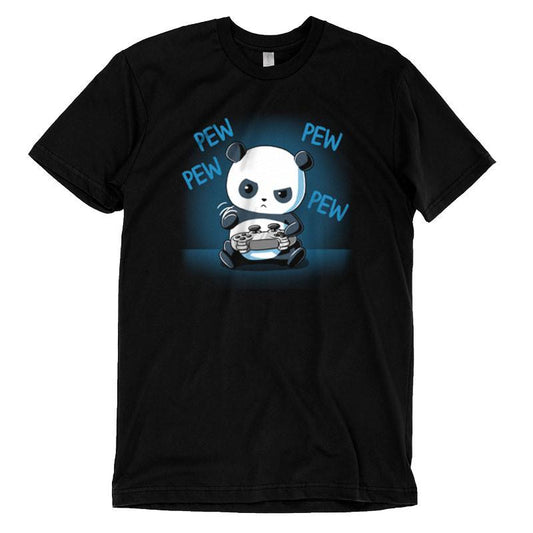 Premium Cotton T-shirt_TeeTurtle black Pew Pew Panda. Featuring a panda playing a video game with a controller.