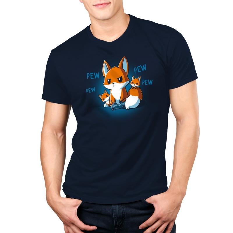 Premium Cotton T-shirt_TeeTurtle navy blue Pew Pew Parent. Featuring a parent fox playing a video game with a controller and its kits climbing over it.