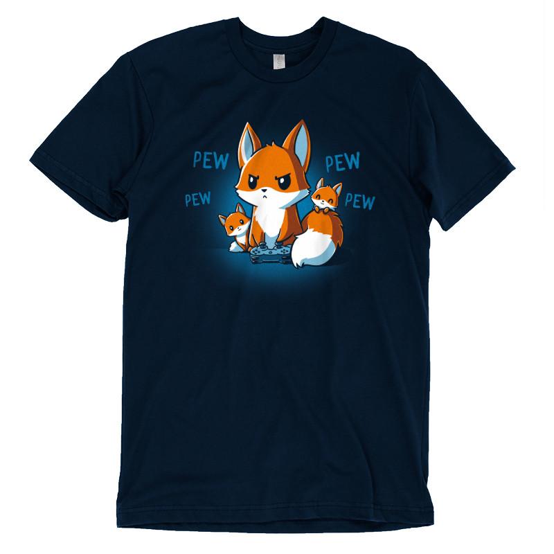 Premium Cotton T-shirt_TeeTurtle navy blue Pew Pew Parent. Featuring a parent fox playing a video game with a controller and its kits climbing over it.