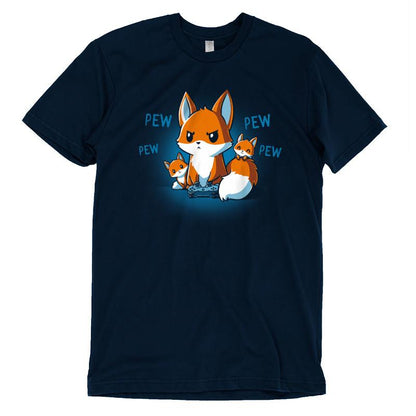 Premium Cotton T-shirt_TeeTurtle navy blue Pew Pew Parent. Featuring a parent fox playing a video game with a controller and its kits climbing over it.